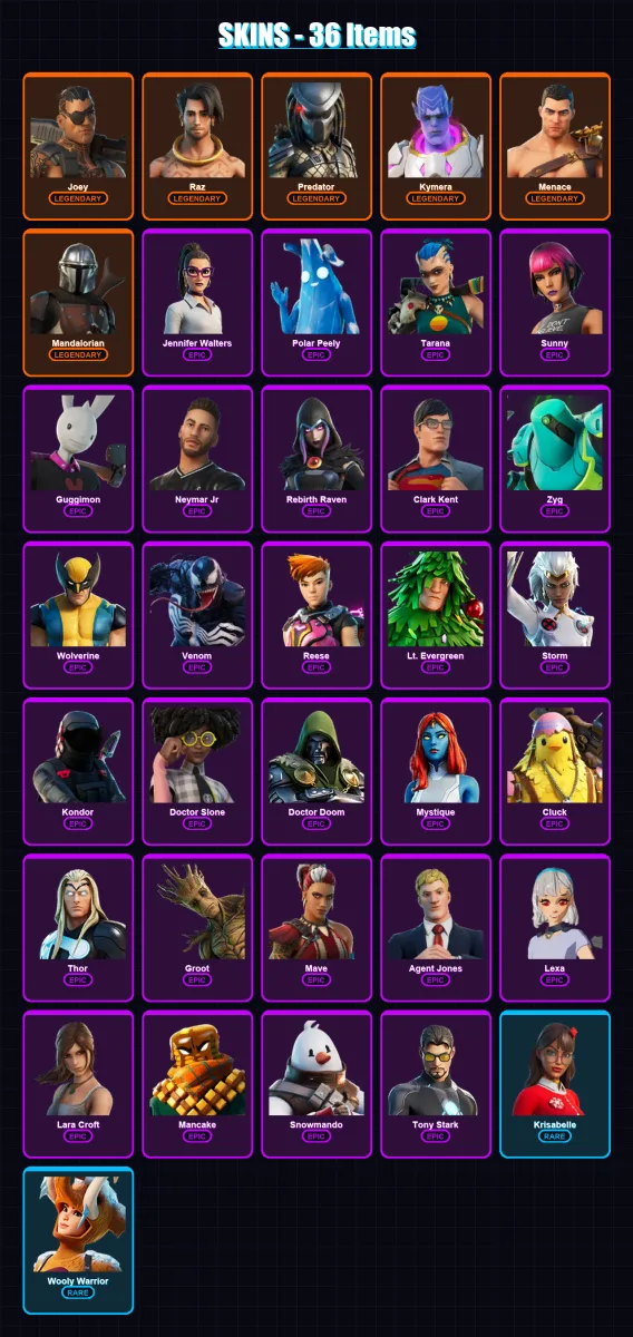 [PS4/PS5/XBOX/PC] | Joey | Raz | Predator | Kymera | Menace | 36 skin | 47 pickaxe | 35 emote | 45 glider | Lv778
