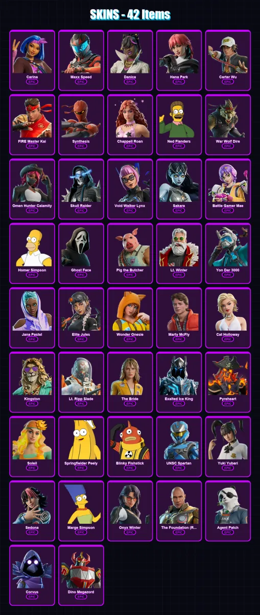 [PC/PSN] | Carina | Maxx Speed | Danica | Hana Park | Carter Wu | 42 skin | 58 pickaxe | 37 emote | 37 glider | Lv338