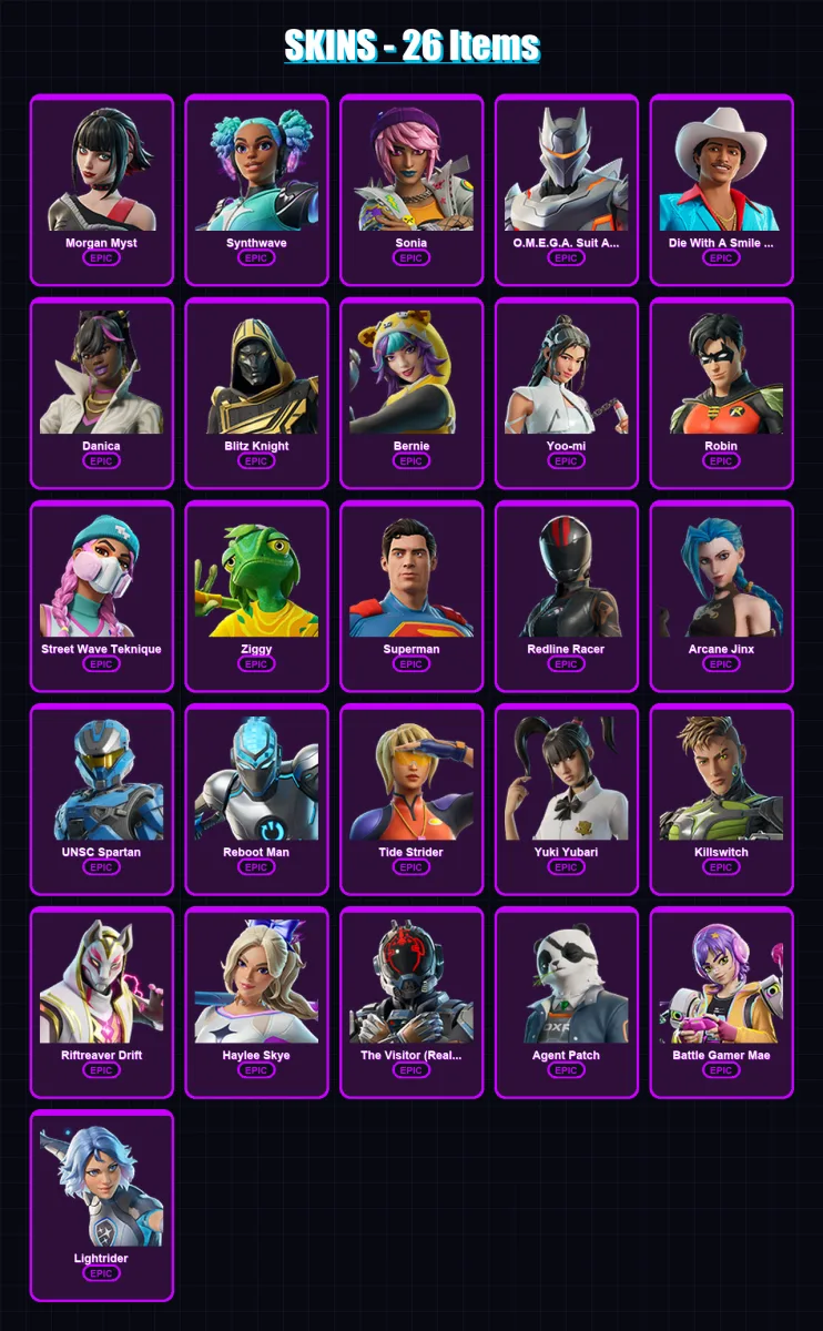 [PC/PSN] | Morgan Myst | Synthwave | Sonia | O.M.E.G.A. Suit Alpha | Die With A Smile Bruno | 26 skin | 36 pickaxe | 27 emote | 28 glider | Lv306