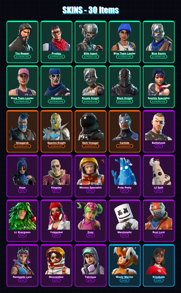 [PS4/PS5/XBOX/PC] | The Reaper | Prodigy | Elite Agent | Blue Team Leader | Blue Squire | 30 skin | 53 pickaxe | 57 emote | 61 glider | Lv703