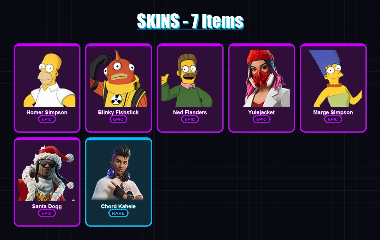 [PS4/PS5/XBOX/PC] | Homer Simpson | Blinky Fishstick | Ned Flanders | Yulejacket | Marge Simpson | 7 skin | 38 pickaxe | 15 emote | 26 glider | Lv40