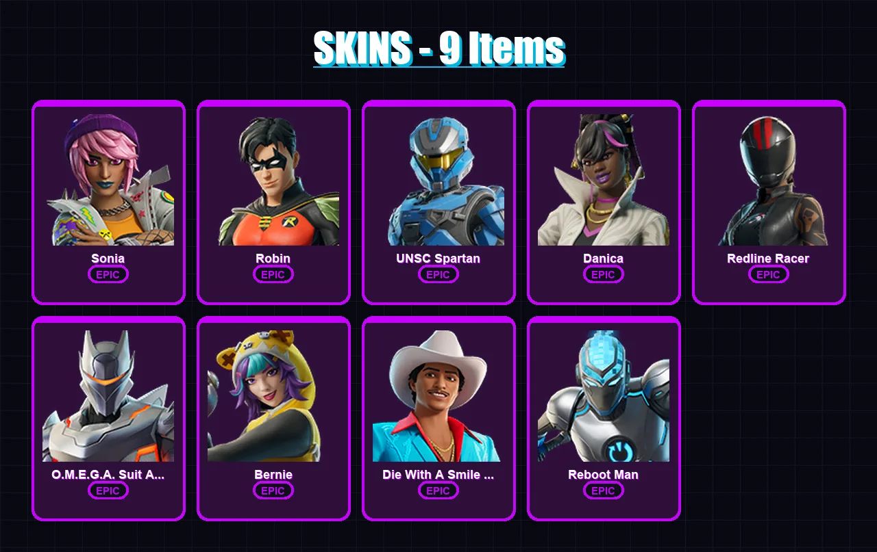 [PC/XBOX/PSN] | Sonia | Robin | UNSC Spartan | Danica | Redline Racer | 9 skin | 6 pickaxe | 4 emote | 2 glider | Lv17