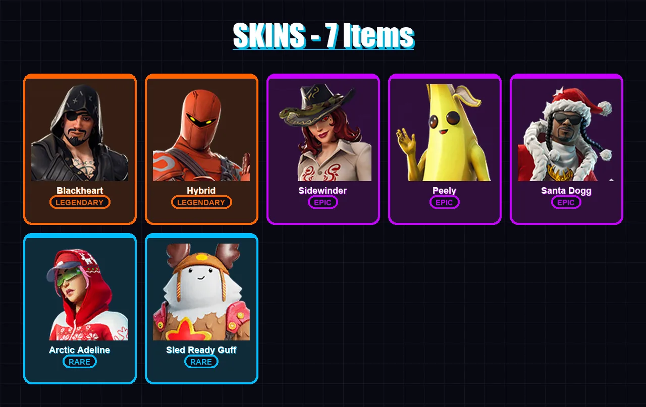 [PS4/PS5/XBOX/PC] | Blackheart | Hybrid | Sidewinder | Peely | Santa Dogg | 7 skin | 14 pickaxe | 8 emote | 10 glider | Lv146