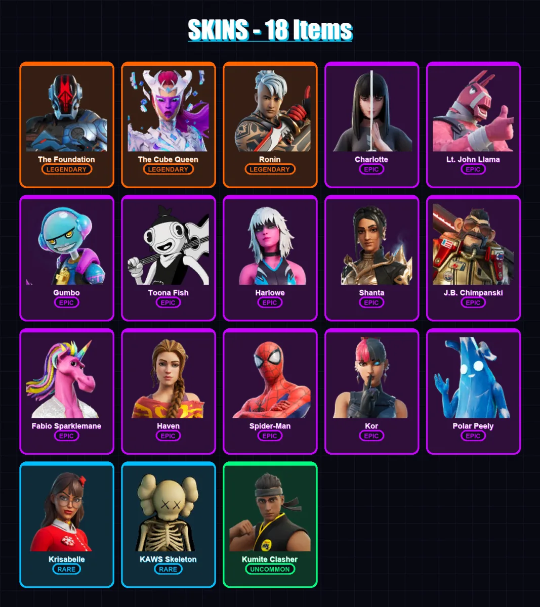 [PC] | The Foundation | The Cube Queen | Ronin | Charlotte | Lt. John Llama | 18 skin | 19 pickaxe | 14 emote | 16 glider | Lv210