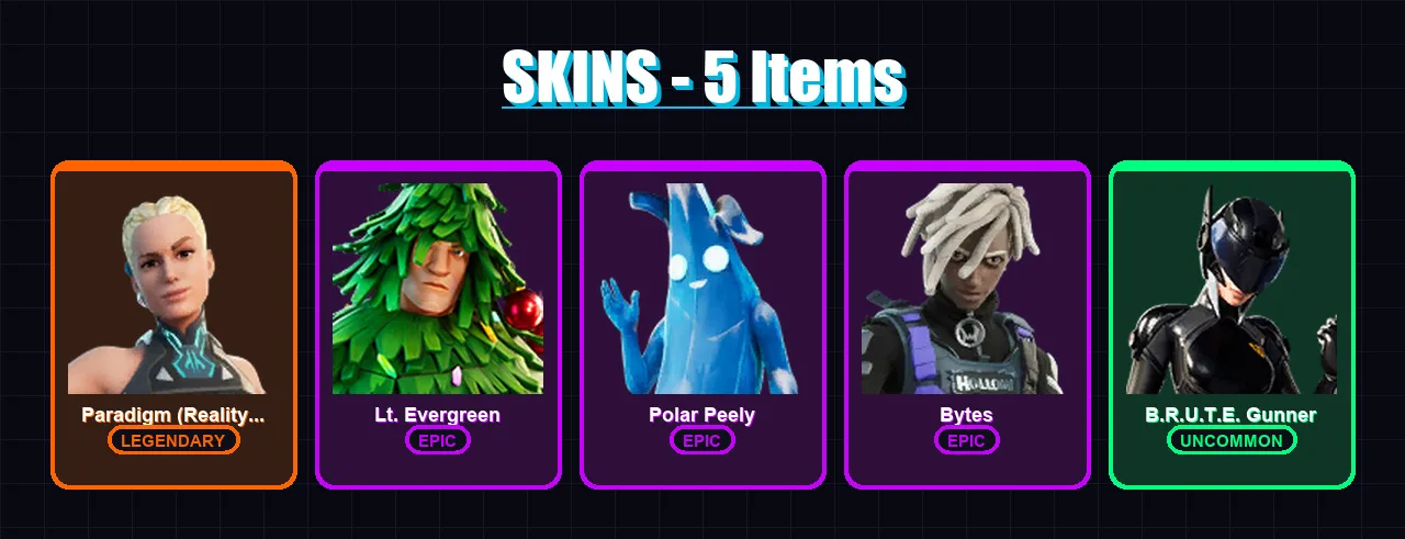 [PC/XBOX/PSN] | Paradigm (Reality-659) | Lt. Evergreen | Polar Peely | Bytes | B.R.U.T.E. Gunner | 5 skin | 24 pickaxe | 32 emote | 35 glider | Lv61