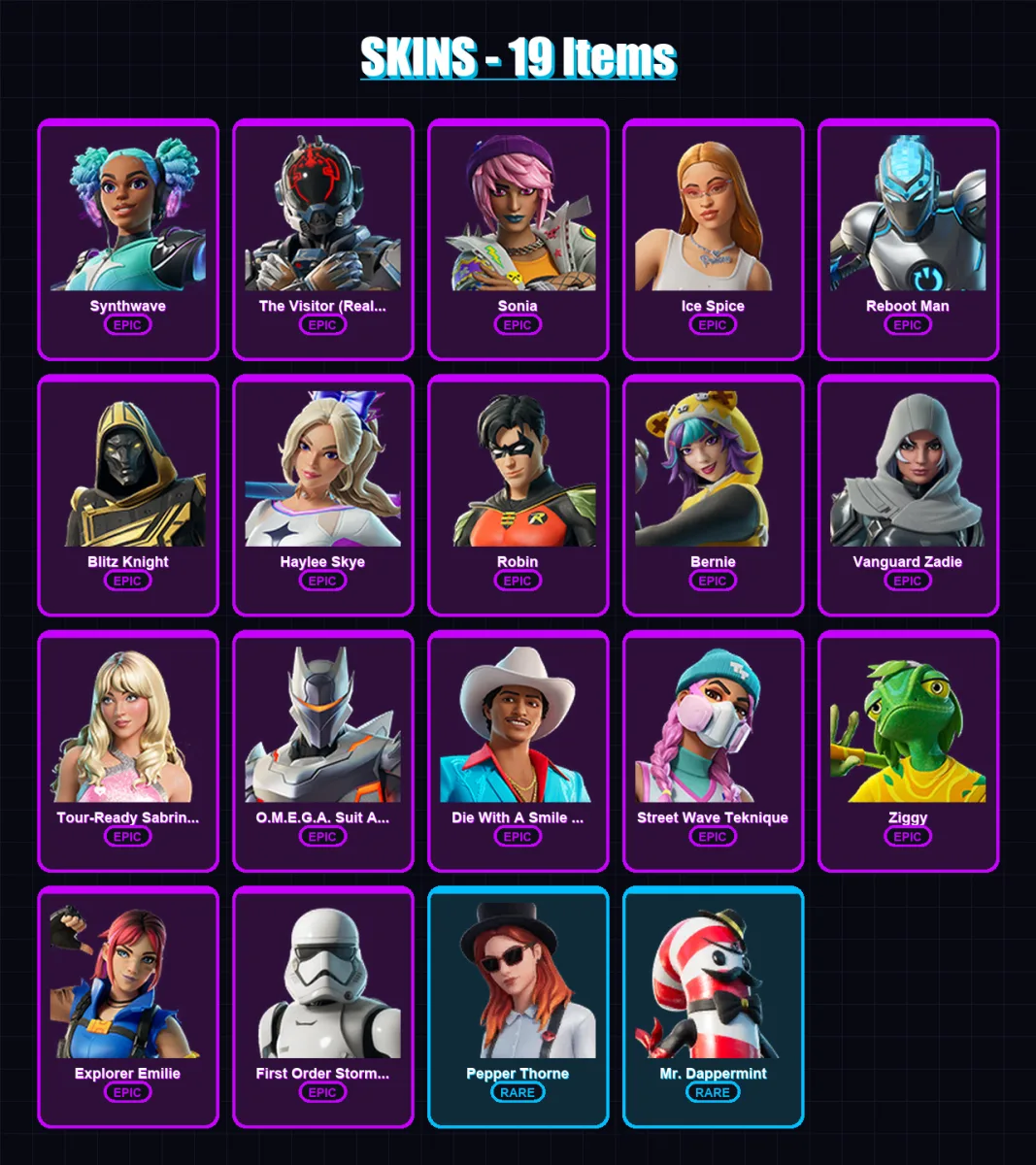 [PC/XBOX/PSN] | Synthwave | The Visitor (Reality Unknown) | Sonia | Ice Spice | Reboot Man | 19 skin | 26 pickaxe | 21 emote | 14 glider | Lv126