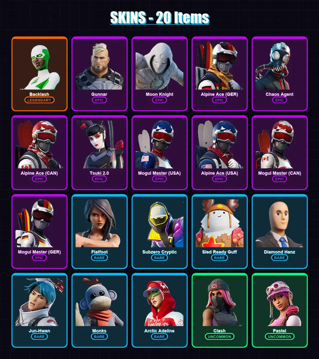 [PS4/PS5/XBOX/PC] | Backlash | Gunnar | Moon Knight | Alpine Ace (GER) | Chaos Agent | 20 skin | 17 pickaxe | 11 emote | 15 glider | Lv128