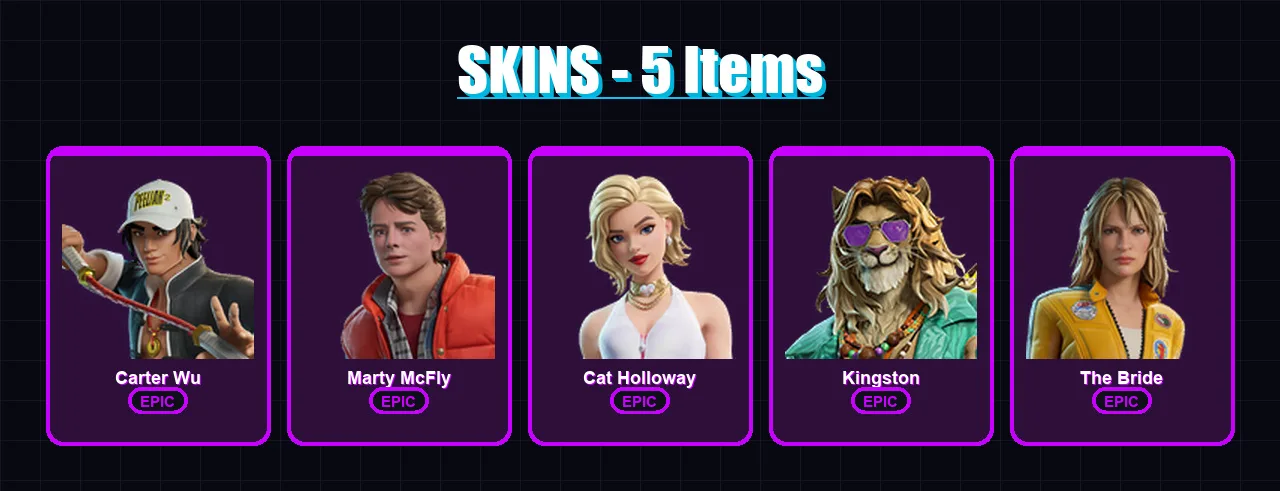 [PC/XBOX/PSN] | Carter Wu | Marty McFly | Cat Holloway | Kingston | The Bride | 5 skin | 12 pickaxe | 12 emote | 11 glider | Lv62