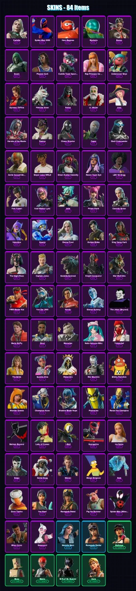 [PS4/PS5/XBOX/PC] | Carletta | Spider-Man 2099 | Hero Baymax | Mysterio | Bones | 84 skin | 139 pickaxe | 92 emote | 73 glider | Lv1137