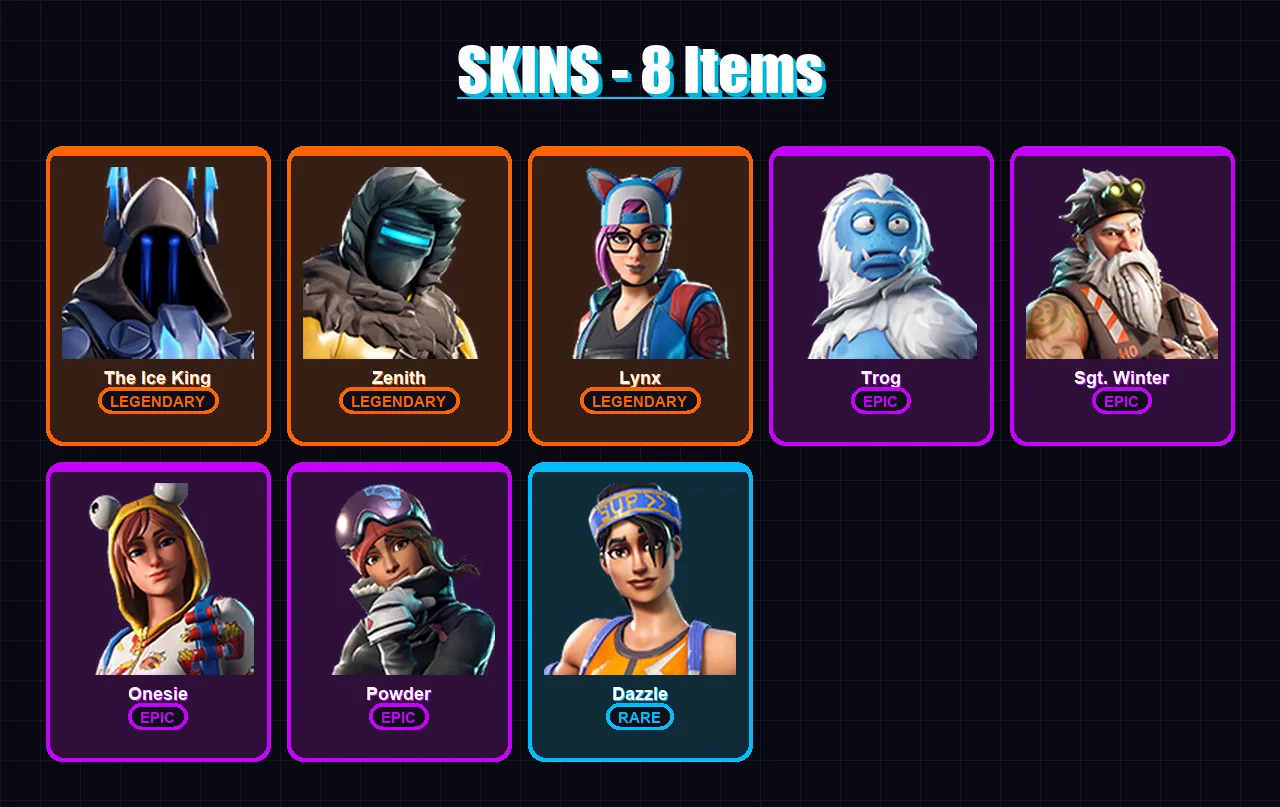 [SWITCH/XBOX/PSN/PC] | The Ice King | Zenith | Lynx | Trog | Sgt. Winter | 8 skin | 6 pickaxe | 10 emote | 13 glider | Lv154