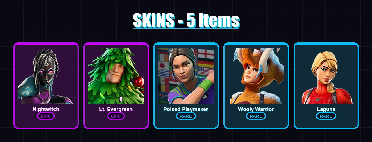 [PC/XBOX/PSN] | Nightwitch | Lt. Evergreen | Poised Playmaker | Wooly Warrior | Laguna | 5 skin | 6 pickaxe | 7 emote | 10 glider | Lv113