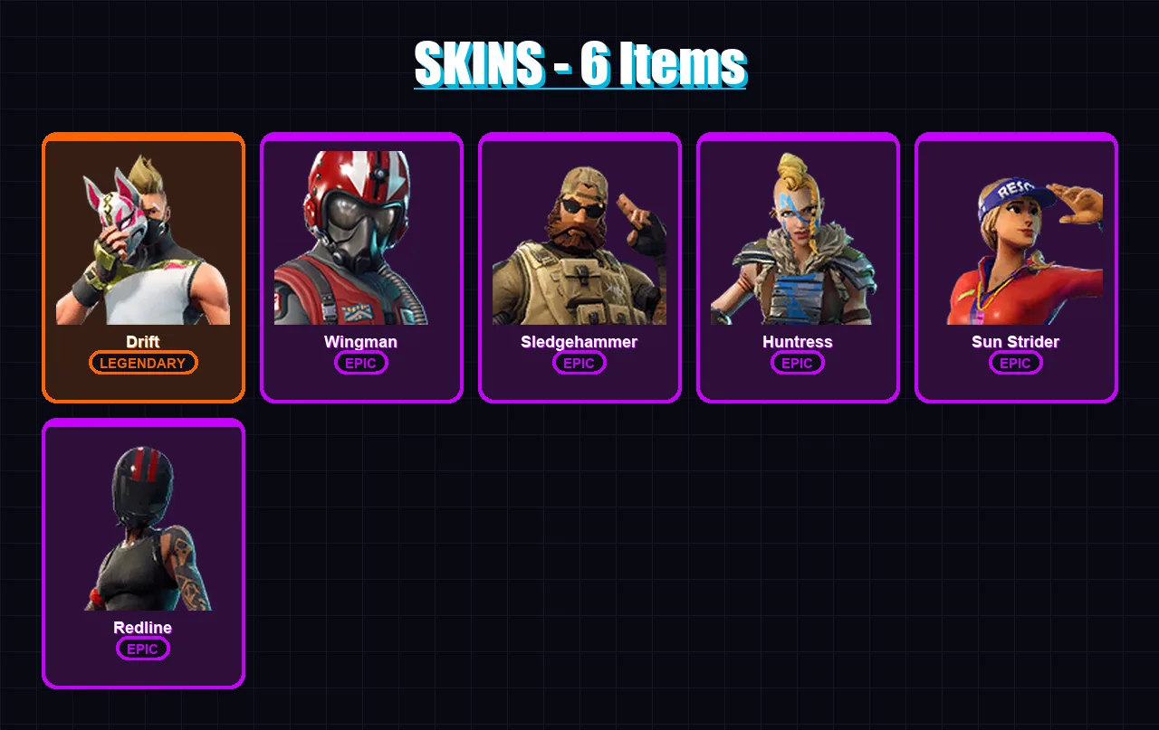 [PC/XBOX/PSN] | Drift | Wingman | Sledgehammer | Huntress | Sun Strider | 6 skin | 5 pickaxe | 9 emote | 6 glider | Lv115