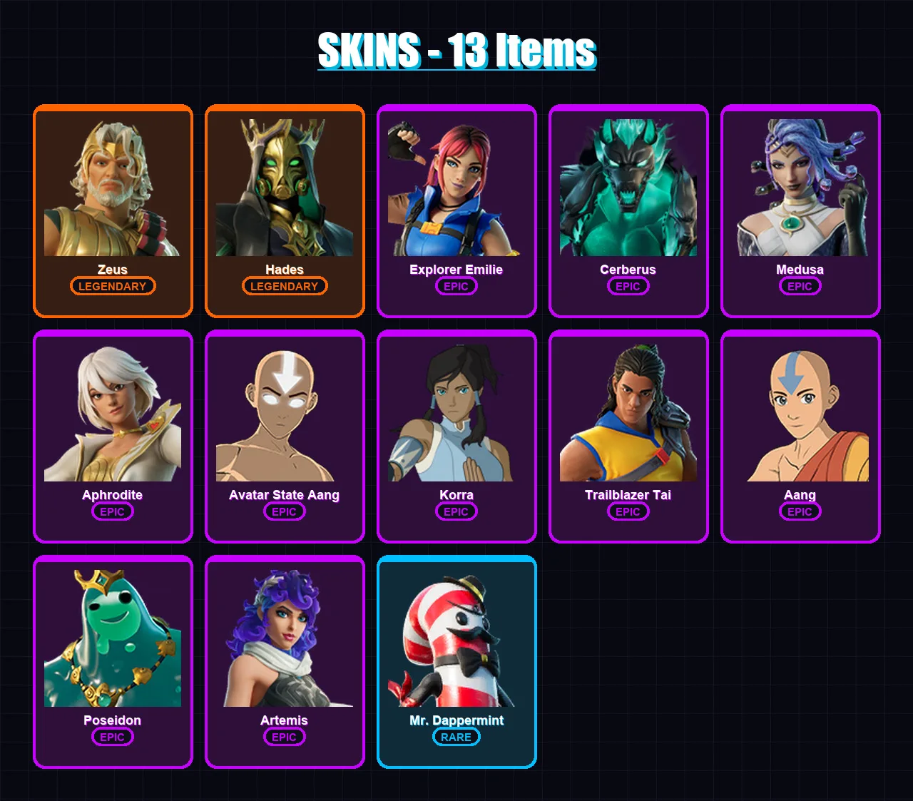 [PC/PSN] | Zeus | Hades | Explorer Emilie | Cerberus | Medusa | 13 skin | 26 pickaxe | 15 emote | 20 glider | Lv307 — Fortnite account