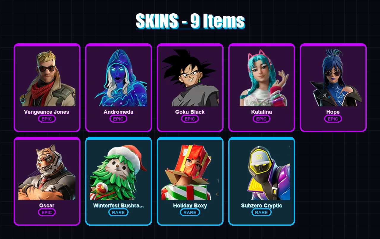 [PS4/PS5/XBOX/PC] | Vengeance Jones | Andromeda | Goku Black | Katalina | Hope | 9 skin | 15 pickaxe | 5 emote | 14 glider | Lv105