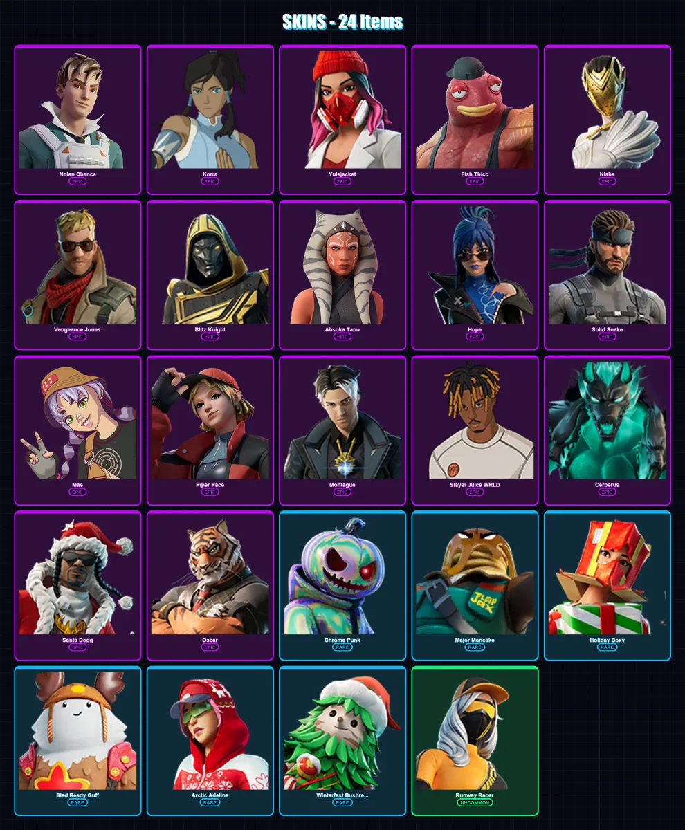 [SWITCH/XBOX/PSN/PC] | Nolan Chance | Korra | Yulejacket | Fish Thicc | Nisha | 24 skin | 51 pickaxe | 30 emote | 47 glider | Lv699