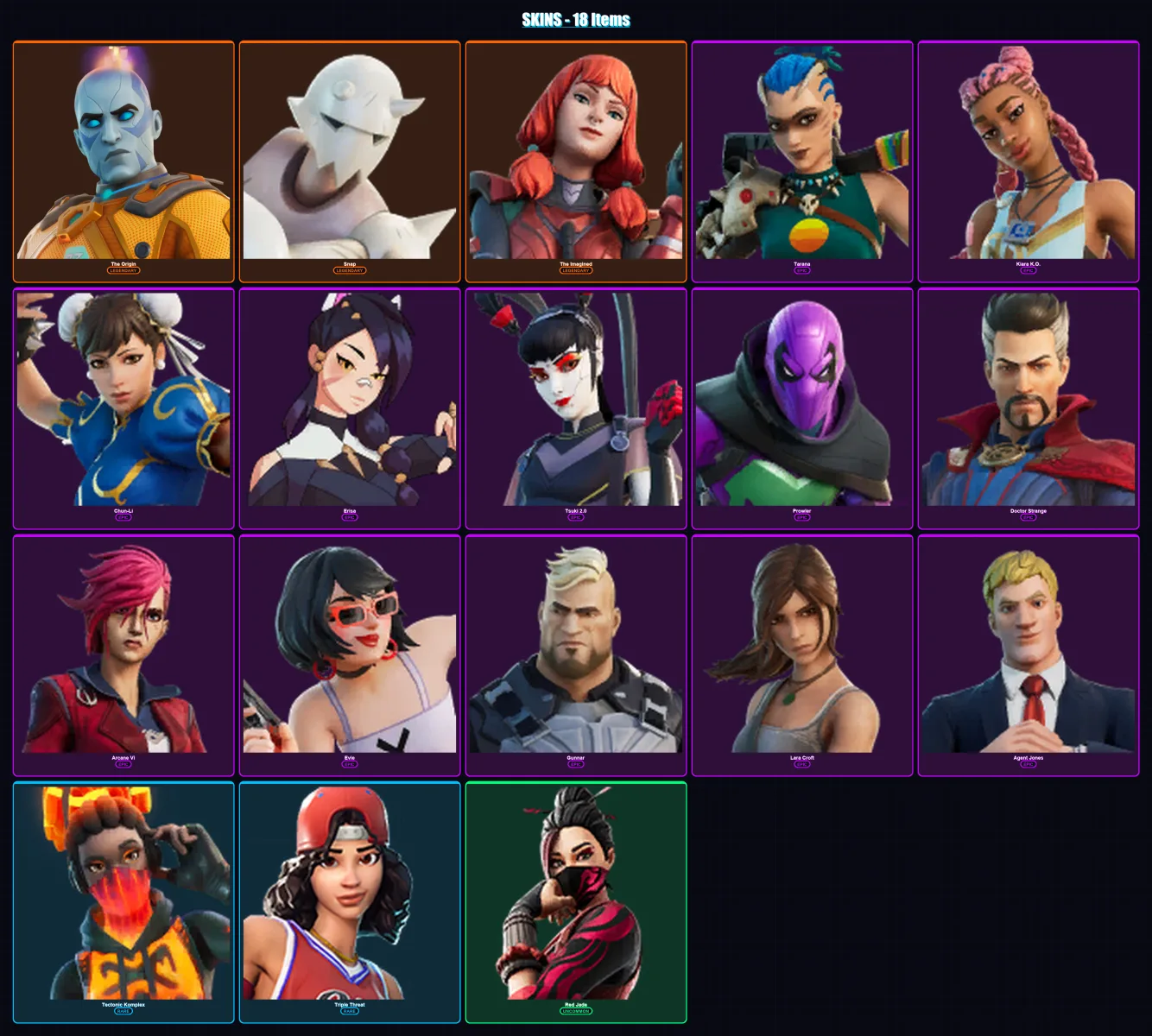 [PC/XBOX/PSN] | The Origin | Snap | The Imagined | Tarana | Kiara K.O. | 18 skin | 25 pickaxe | 22 emote | 17 glider | Lv291