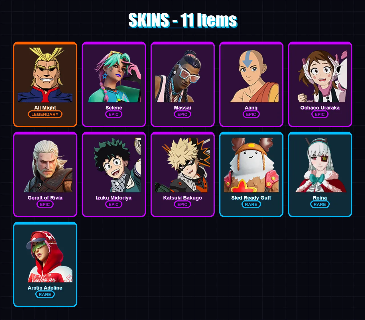 [PC/XBOX/PSN] | All Might | Selene | Massai | Aang | Ochaco Uraraka | 11 skin | 11 pickaxe | 10 emote | 14 glider | Lv77