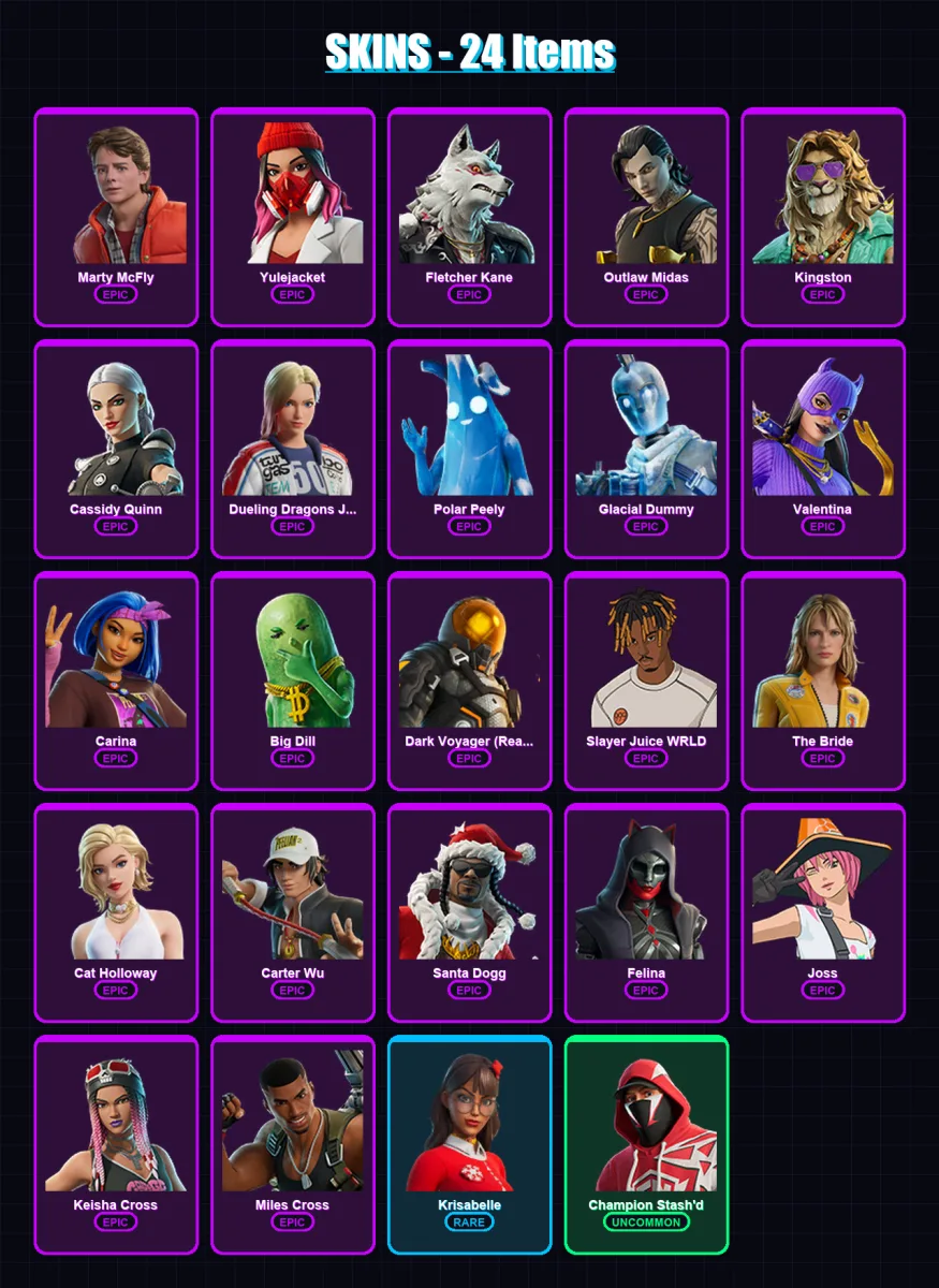 [PS4/PS5/XBOX/PC] | Marty McFly | Yulejacket | Fletcher Kane | Outlaw Midas | Kingston | 24 skin | 75 pickaxe | 35 emote | 49 glider | Lv648