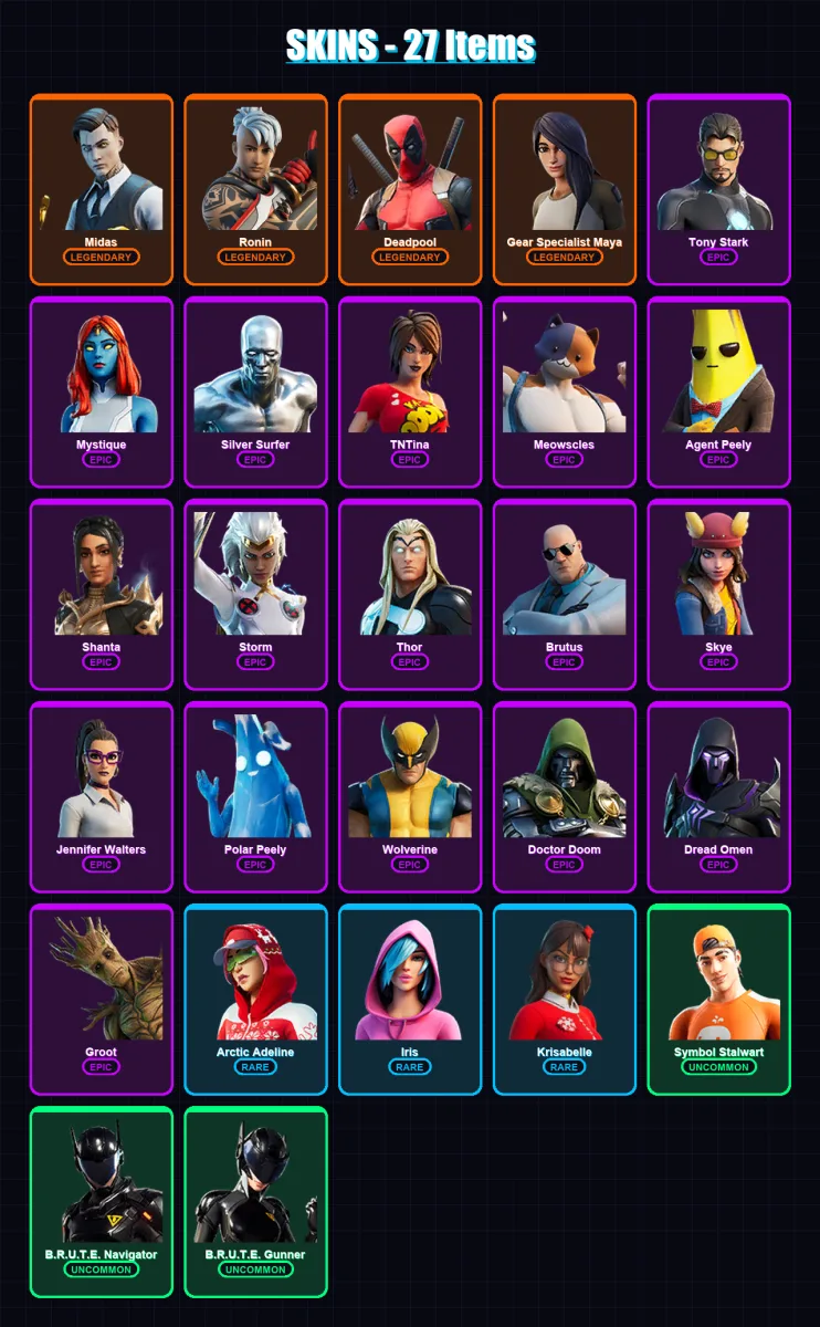 [PC/XBOX/PSN] | Midas | Ronin | Deadpool | Gear Specialist Maya | Tony Stark | 27 skin | 32 pickaxe | 28 emote | 33 glider | Lv464