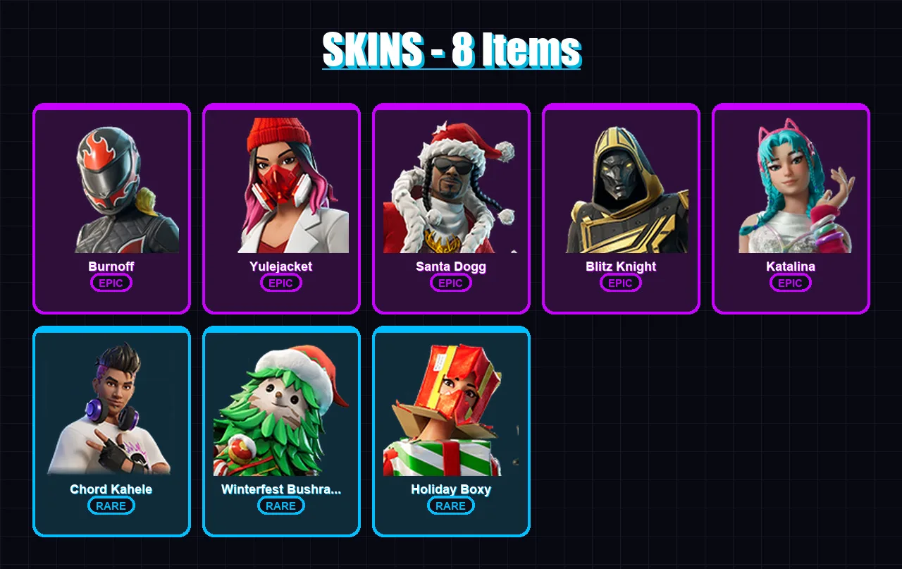 [PC/XBOX/PSN] | Burnoff | Yulejacket | Santa Dogg | Blitz Knight | Katalina | 8 skin | 32 pickaxe | 11 emote | 18 glider | Lv179