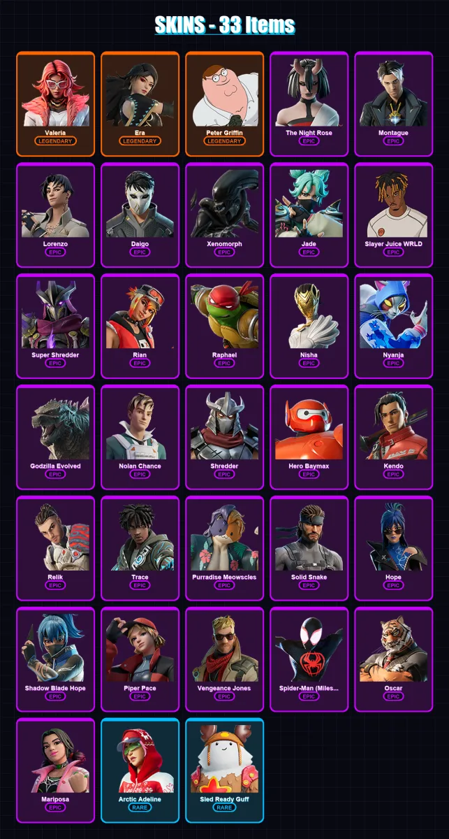 [PC/PSN] | Valeria | Era | Peter Griffin | The Night Rose | Montague | 33 skin | 55 pickaxe | 42 emote | 51 glider | Lv731