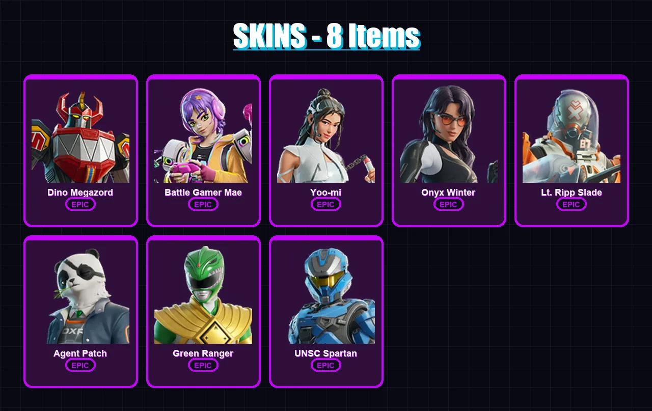 [PC/XBOX/PSN] | Dino Megazord | Battle Gamer Mae | Yoo-mi | Onyx Winter | Lt. Ripp Slade | 8 skin | 20 pickaxe | 14 emote | 17 glider | Lv117