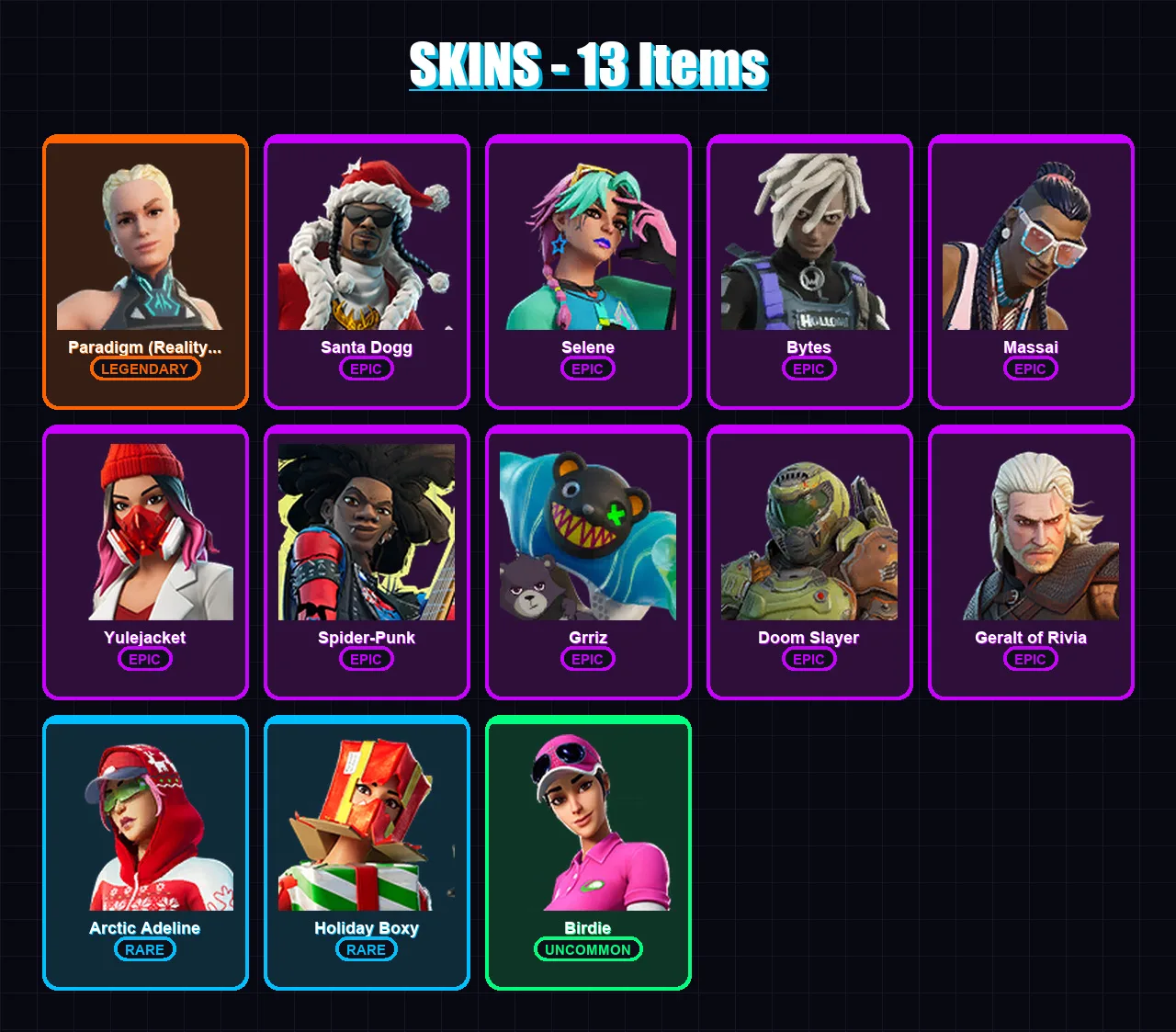 [SWITCH/PSN/PC] | Paradigm (Reality-659) | Santa Dogg | Selene | Bytes | Massai | 13 skin | 23 pickaxe | 7 emote | 23 glider | Lv174 — Fortnite account