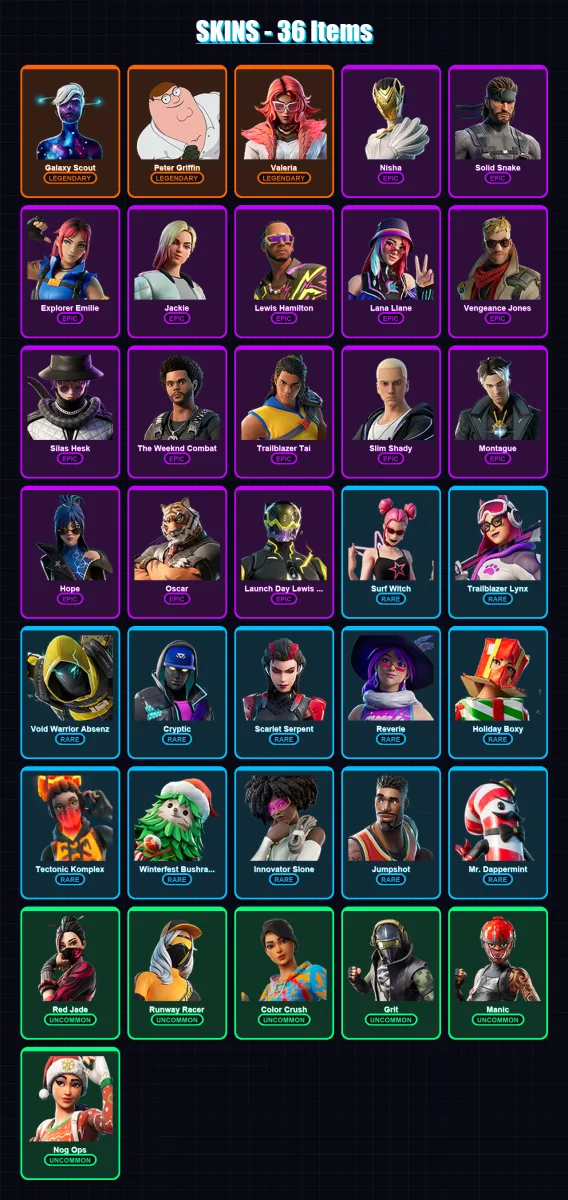[PC/XBOX/PSN] | Galaxy Scout | Peter Griffin | Valeria | Nisha | Solid Snake | 36 skin | 30 pickaxe | 28 emote | 22 glider | Lv384