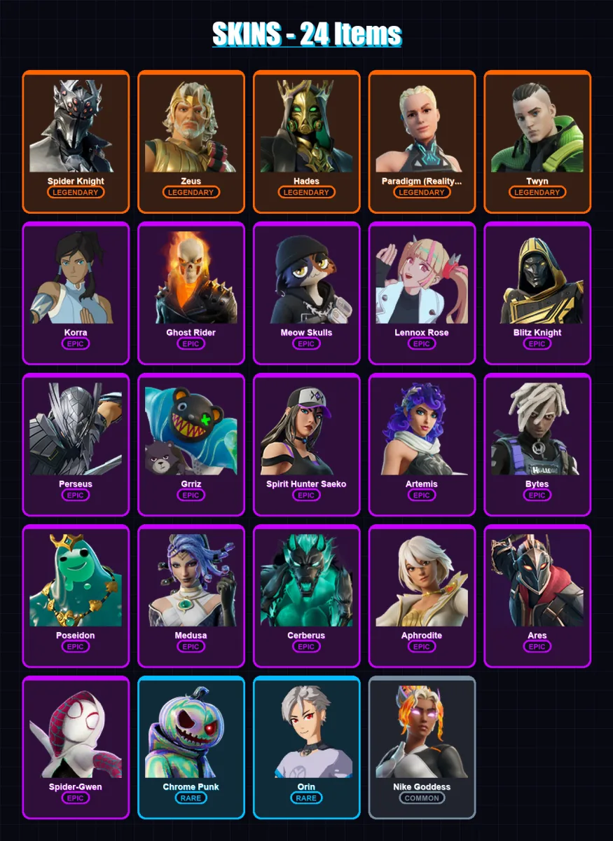 [PC/PSN] | Spider Knight | Zeus | Hades | Paradigm (Reality-659) | Twyn | 24 skin | 30 pickaxe | 15 emote | 21 glider | Lv279