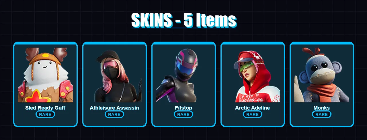 [PS4/PS5/XBOX/PC] | Sled Ready Guff | Athleisure Assassin | Pitstop | Arctic Adeline | Monks | 5 skin | 21 pickaxe | 16 emote | 24 glider | Lv320
