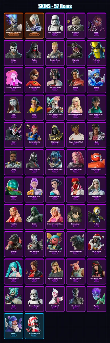 [PC/XBOX/PSN] | Renzo the Destroyer | Mizuki | First Order Stormtrooper | Meowdas | Imani | 57 skin | 95 pickaxe | 72 emote | 65 glider | Lv758