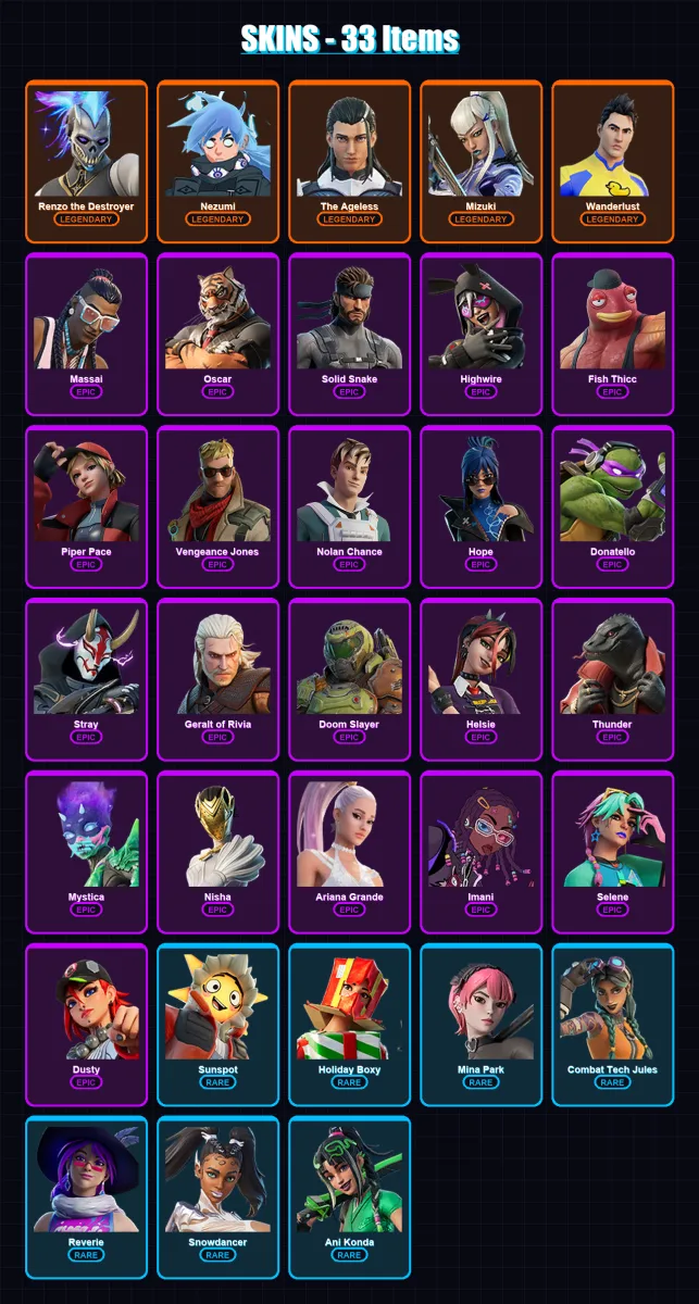 [PC/XBOX/PSN] | Renzo the Destroyer | Nezumi | The Ageless | Mizuki | Wanderlust | 33 skin | 42 pickaxe | 46 emote | 36 glider | Lv404