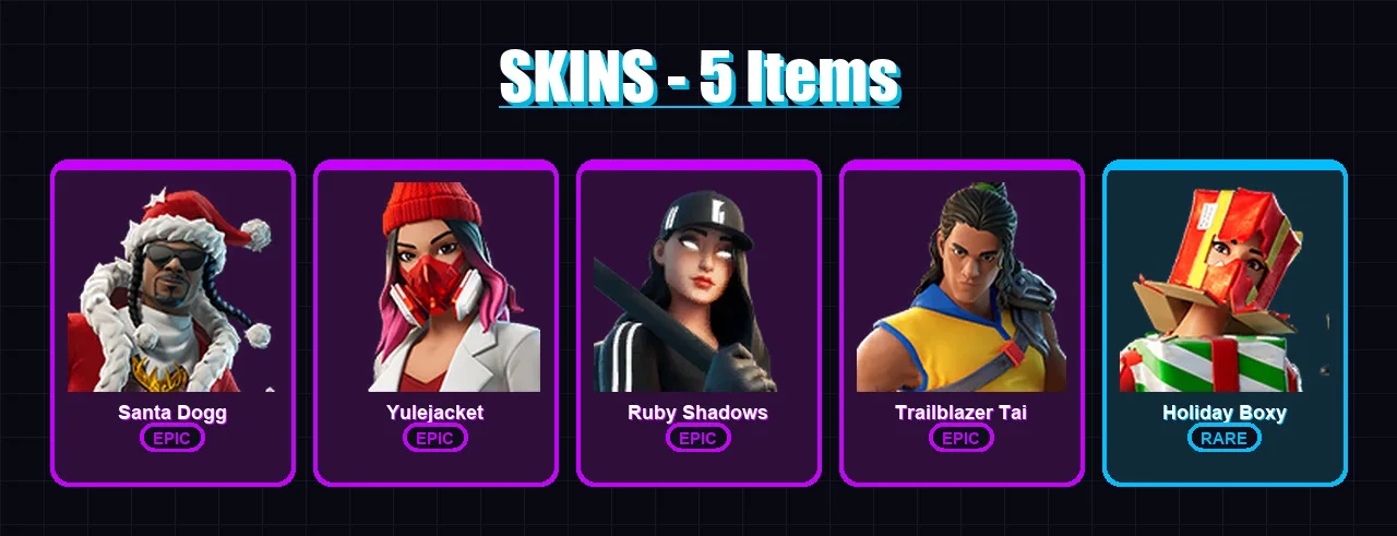 [PC/XBOX/PSN] | Santa Dogg | Yulejacket | Ruby Shadows | Trailblazer Tai | Holiday Boxy | 5 skin | 16 pickaxe | 7 emote | 13 glider | Lv152