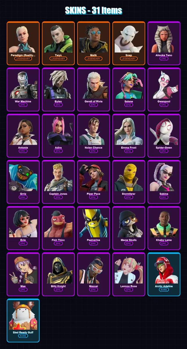 [PC/PSN] | Paradigm (Reality-659) | Twyn | Malik | Snap | Ahsoka Tano | 31 skin | 48 pickaxe | 38 emote | 45 glider | Lv533