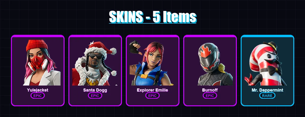 [PC/XBOX/PSN] | Yulejacket | Santa Dogg | Explorer Emilie | Burnoff | Mr. Dappermint | 5 skin | 19 pickaxe | 8 emote | 10 glider | Lv99