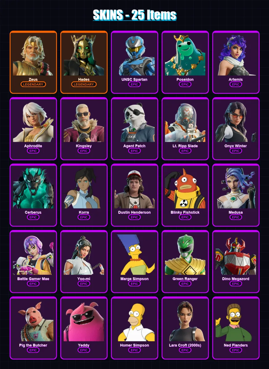 [PS4/PS5/XBOX/PC] | Zeus | Hades | UNSC Spartan | Poseidon | Artemis | 25 skin | 75 pickaxe | 40 emote | 38 glider | Lv640