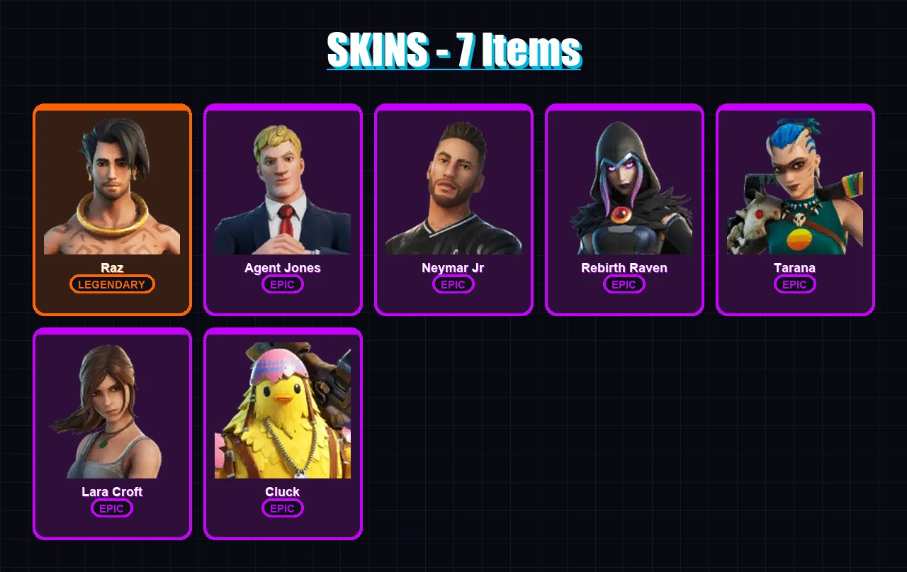 [PC/XBOX/PSN] | Raz | Agent Jones | Neymar Jr | Rebirth Raven | Tarana | 7 skin | 13 pickaxe | 15 emote | 15 glider | Lv195