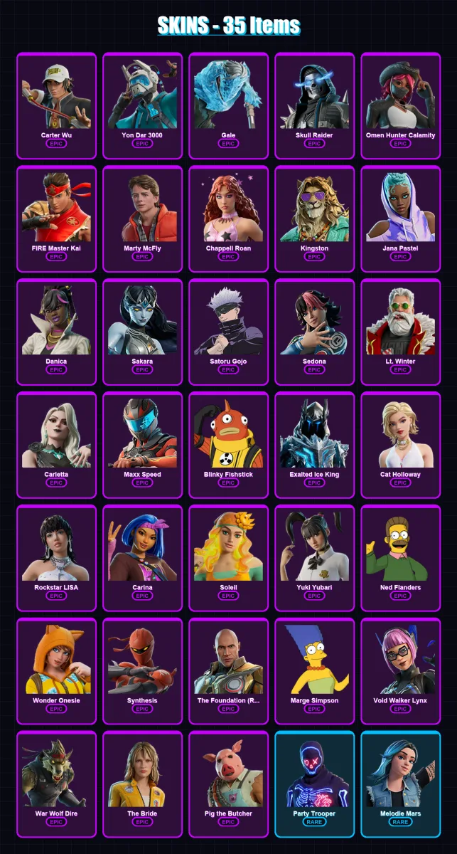 [PC/XBOX/PSN] | Carter Wu | Yon Dar 3000 | Gale | Skull Raider | Omen Hunter Calamity | 35 skin | 43 pickaxe | 28 emote | 23 glider | Lv173