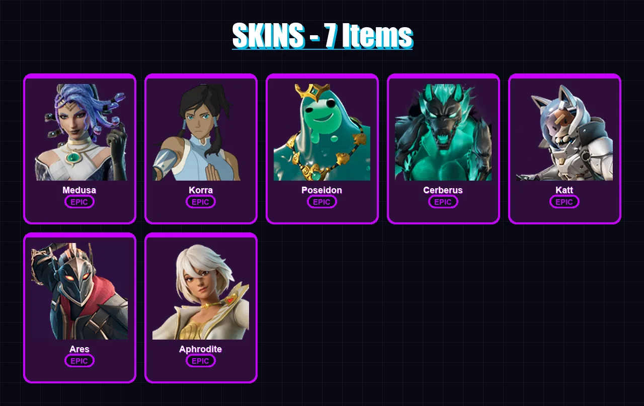 [PC/XBOX/PSN] | Medusa | Korra | Poseidon | Cerberus | Katt | 7 skin | 8 pickaxe | 7 emote | 6 glider | Lv60