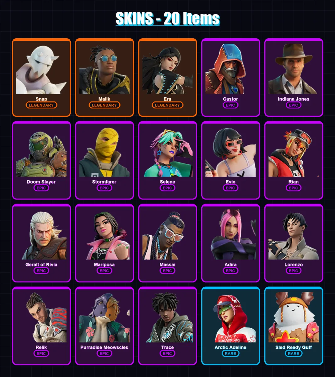 [PC/XBOX/PSN] | Snap | Malik | Era | Castor | Indiana Jones | 20 skin | 26 pickaxe | 18 emote | 31 glider | Lv315 — Fortnite account