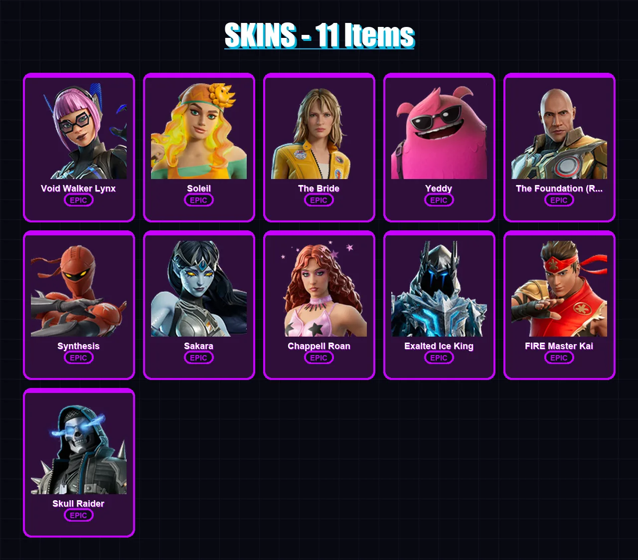 [PC/PSN] | Void Walker Lynx | Soleil | The Bride | Yeddy | The Foundation (Reforged) | 11 skin | 5 pickaxe | 3 emote | 5 glider | Lv17