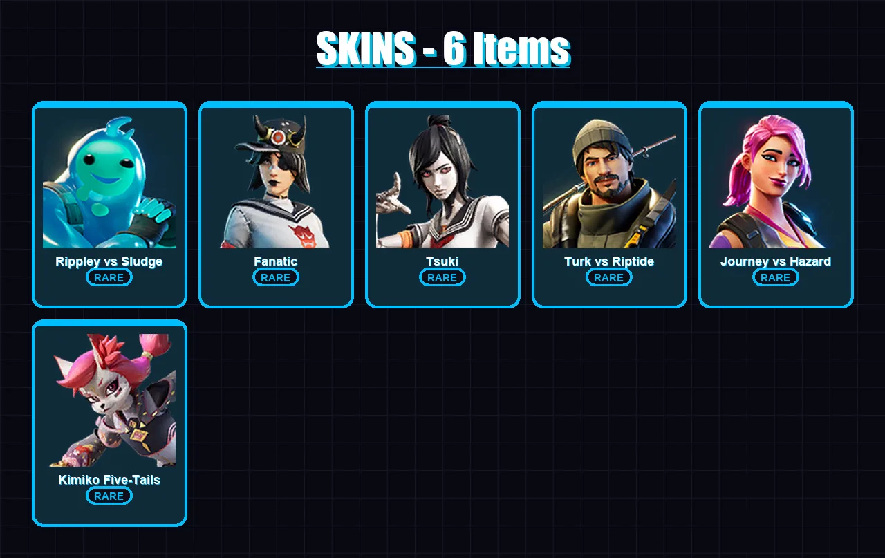 [PC/XBOX/PSN] | Rippley vs Sludge | Fanatic | Tsuki | Turk vs Riptide | Journey vs Hazard | 6 skin | 6 pickaxe | 8 emote | 7 glider | Lv129