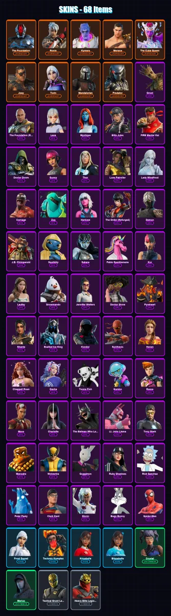 [PC/XBOX] | The Foundation | Ronin | Kymera | Menace | The Cube Queen | 68 skin | 109 pickaxe | 66 emote | 83 glider | Lv1391