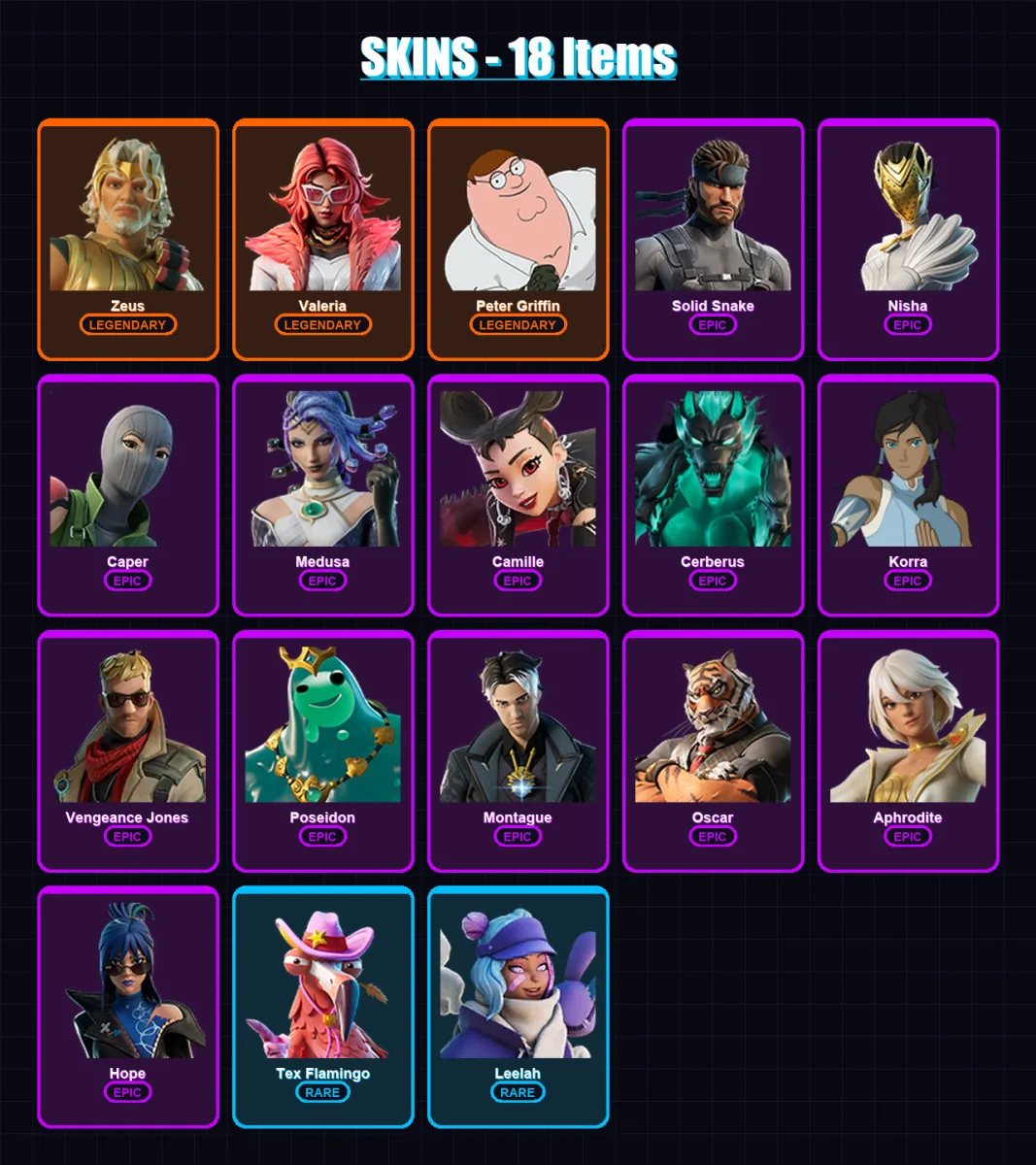 [PC/PSN] | Zeus | Valeria | Peter Griffin | Solid Snake | Nisha | 18 skin | 18 pickaxe | 21 emote | 16 glider | Lv182