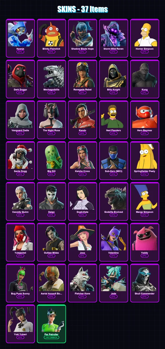 [PC/XBOX] | Nyanja | Blinky Fishstick | Shadow Blade Hope | Storm-Wild Raven | Homer Simpson | 37 skin | 88 pickaxe | 54 emote | 59 glider | Lv1348
