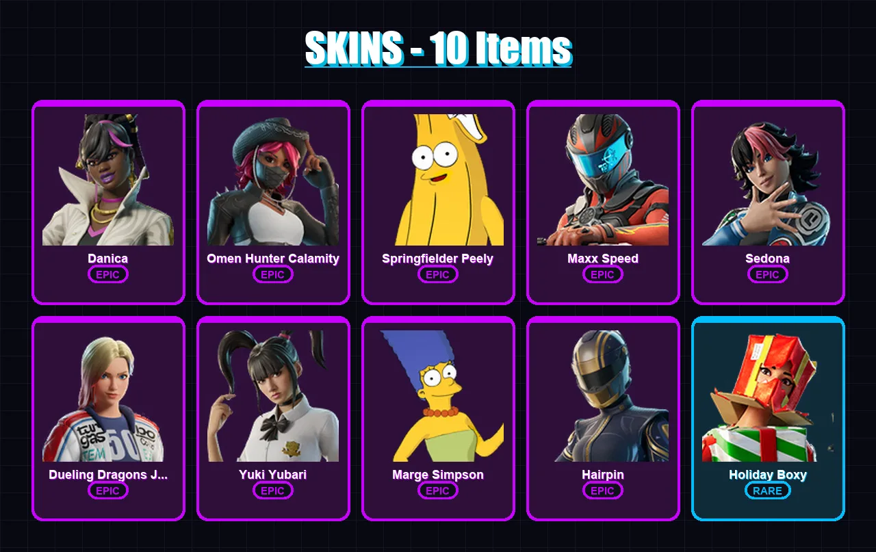 [PS4/PS5/PC] | Danica | Omen Hunter Calamity | Springfielder Peely | Maxx Speed | Sedona | 10 skin | 13 pickaxe | 11 emote | 12 glider | Lv79