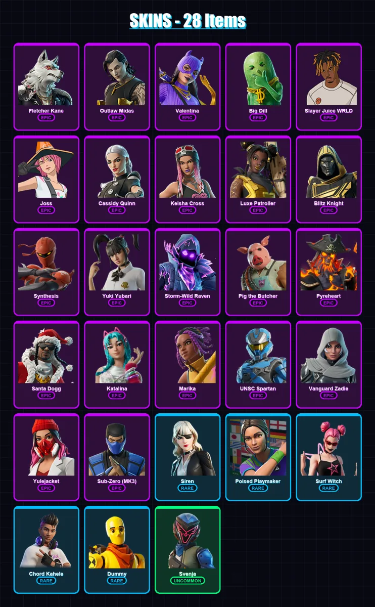 [PS4/PS5/XBOX/PC] | Fletcher Kane | Outlaw Midas | Valentina | Big Dill | Slayer Juice WRLD | 28 skin | 95 pickaxe | 41 emote | 53 glider | Lv997