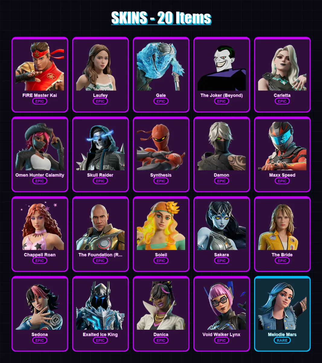 [PC/PSN] | FIRE Master Kai | Laufey | Gale | The Joker (Beyond) | Carletta | 20 skin | 16 pickaxe | 9 emote | 7 glider | Lv66