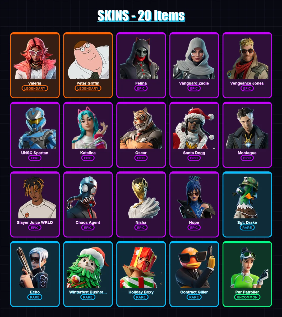 [PC/XBOX] | Valeria | Peter Griffin | Felina | Vanguard Zadie | Vengeance Jones | 20 skin | 74 pickaxe | 34 emote | 53 glider | Lv1347
