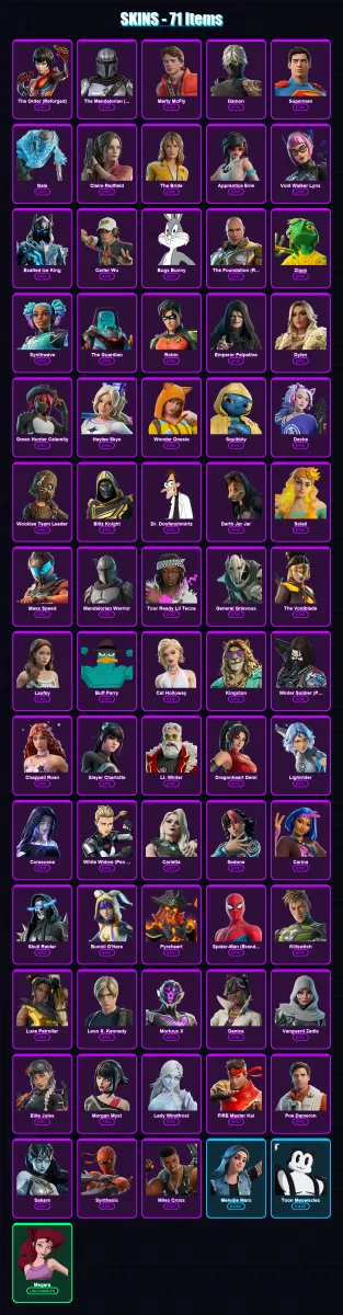 [PC/PSN] | The Order (Reforged) | The Mandalorian (Pen & Ink) | Marty McFly | Damon | Superman | 74 skin | 93 pickaxe | 54 emote | 49 glider | Lv543